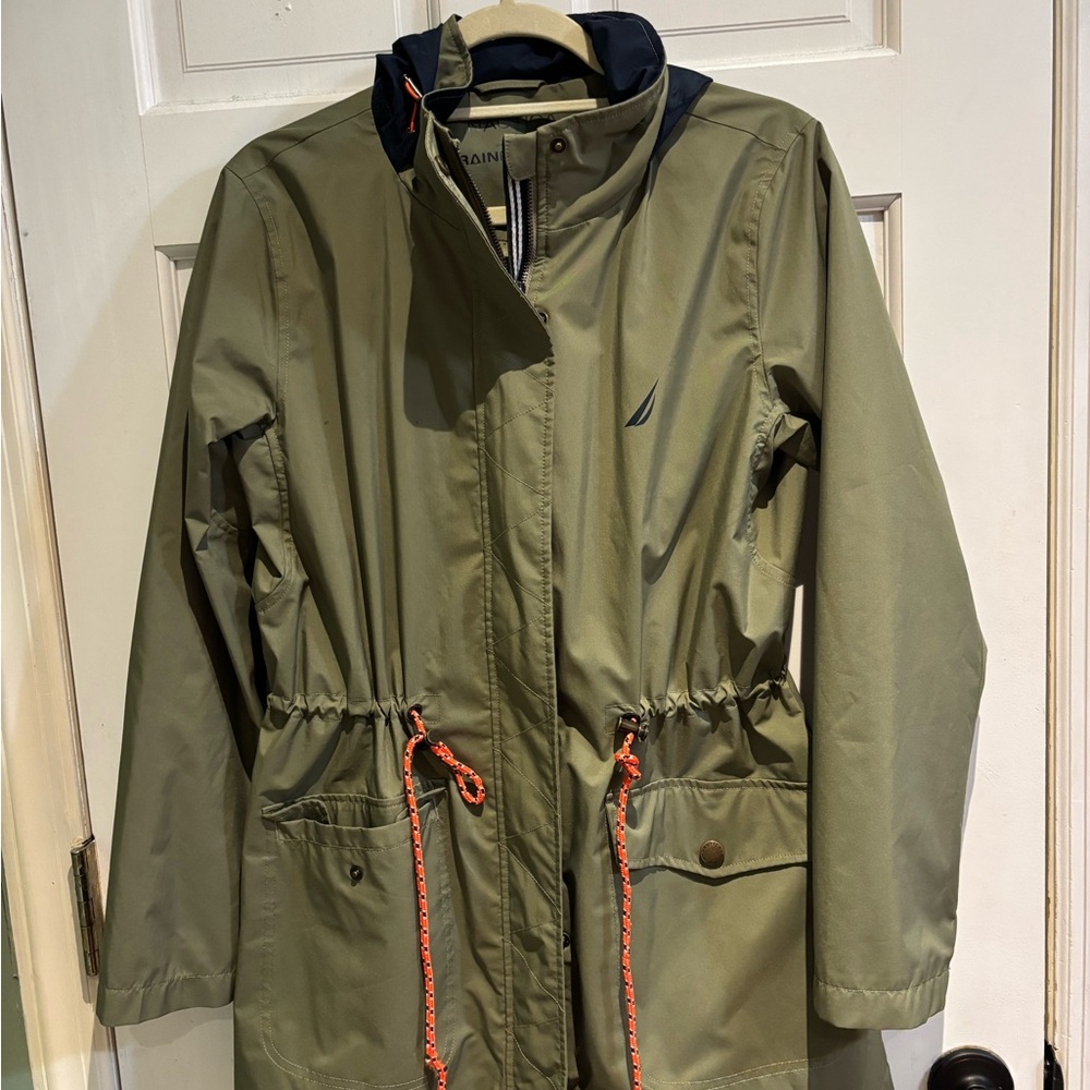 Olive Green Raincoat with Orange Accents